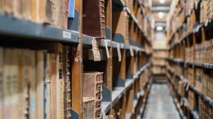 Rows of neatly organized newspaper archives, with each shelf labeled by date and publication