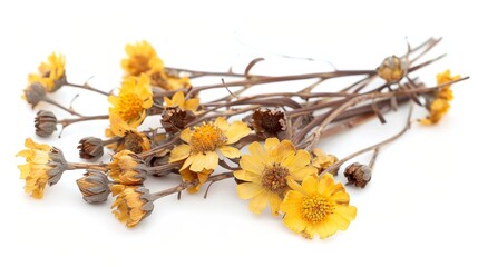 Dried Yellow Flowers with Brown Stems on White Background
