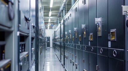 Naklejka premium Rows of locked filing cabinets and digital storage units in a government archive, indicating high security