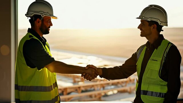 Construction Workers Handshake at Sunset
