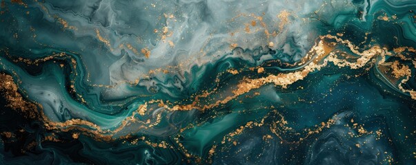 Fototapeta premium Abstract painting with teal and gold hues creating a mesmerizing visual effect