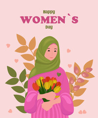 Greeting card with beautiful and cute Muslim woman with brightly colored tulips in her hands. Vector cartoon illustration