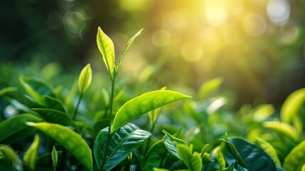 Obraz premium Green tea buds and leaves. Green tea plantations in the morning.