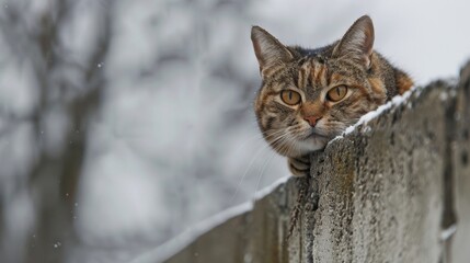 Fototapeta premium Curious Cat Peeking Over Wall in Winter