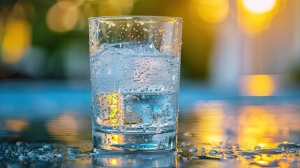 Glass of Cold Water with Ice Cubes on a Table