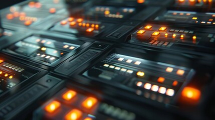 Close-up of a high-tech filing system in a digital archive, with glowing interfaces and touch screens