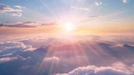 Beautiful sunrise and mountains, with clouds and sun rays shining through them. Serene cloudscape landscape wallpaper and background