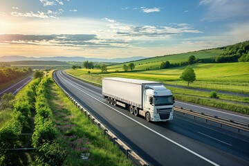 A photo of trucks travelling on a highway through the countryside. A freight transport and global logistics concept.