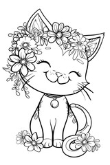 Kids colouring book page. Adorable black and white illustration of a cartoon kitten exuding charm and sweetness