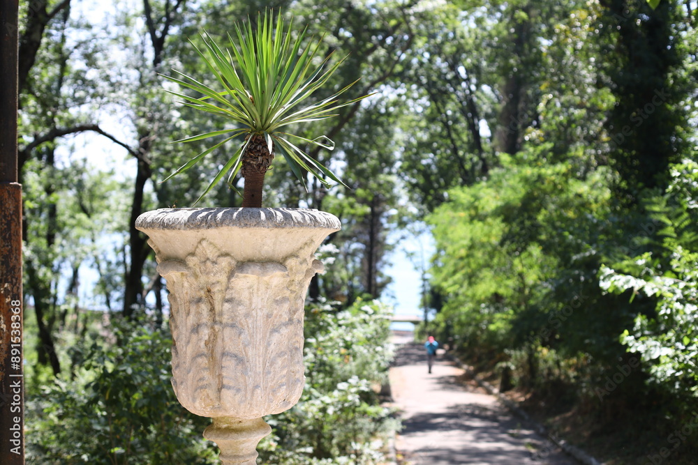 Poster a small plant sits in a vase attached to a pole, perfect for decorating an outdoor space or adding a