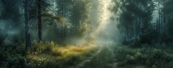 A foggy forest path with sunlight filtering through the trees.