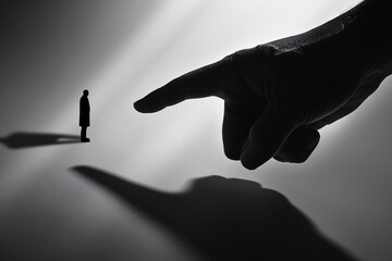 Silhouette of a large hand pointing at a small figure, casting shadows in black and white