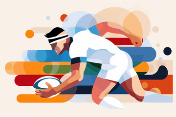 Stylized illustration of a rugby player in action, holding the ball and running, set against a vibrant, abstract background. The design highlights the intensity and energy of the sport.