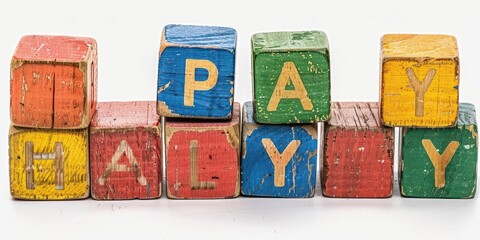 Colorful wooden alphabet blocks arranged to spell 'PLAY' and 'PAY', showcasing vintage children's educational toys.