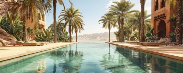 A desert oasis with palm trees and a shimmering pool.