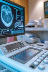 High-tech ultrasound system in use, modern cardiology office, clear heart scan, organized tools.