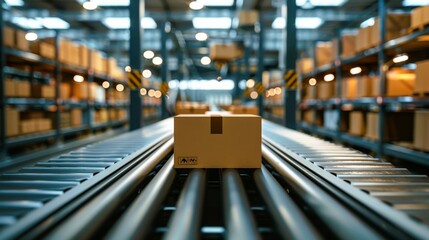 A cardboard box moving along a conveyor belt in a modern warehouse, showcasing logistics and shipping processes.