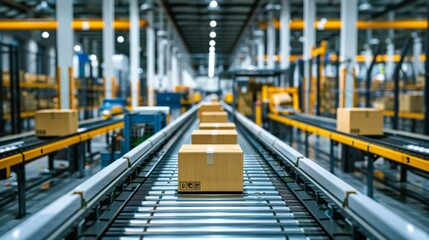 Fototapeta premium A bustling warehouse scene featuring packages on a conveyor belt, showcasing efficient logistics and modern storage solutions.