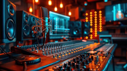 Close-up of a vibrant music studio with a mixing desk, microphones, and glowing LED lights creating an inspiring atmosphere.