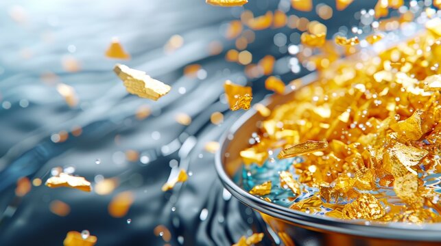A close-up of gold flakes in a miner's pan, with water and sediment swirling around, high-resolution photo, realistic photo, cinematography, hyper realistic