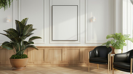 Minimalist living room interior with empty frame plants and blac