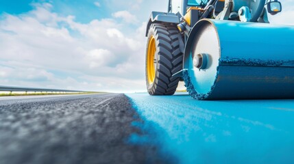 Vibrant Road Construction Crew Paving New Highway with Blue Steamroller under Cloudy Sky - Dynamic Scene with Text Space