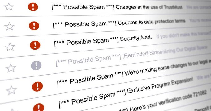 Scrolling list of emails marked as possible spam, undesirable mail, seamless loop footage close up, footage