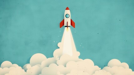 A rocket is flying through the sky with a blue background