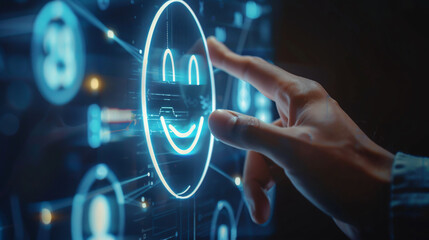 A businessman pressing a smiley face emoticon on a virtual touch screen, symbolizing the concept of customer service evaluation.