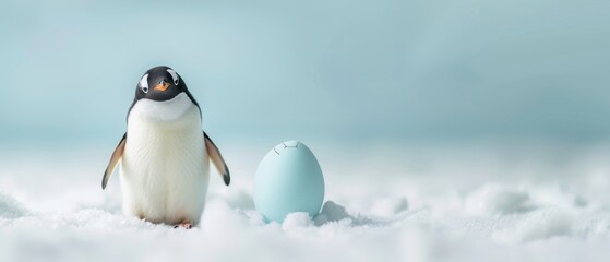 Fototapeta premium Adorable Penguin Beside Cracked Ice Blue Egg in Snowy Wonderland - Cold and Cute Antarctic Scene
