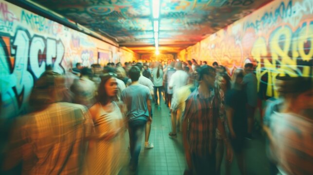 Vibrant Urban Block Party with Graffiti Walls and Bright Lights, Energetic and Modern Atmosphere with Text Space on the Left