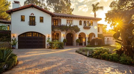 Fototapeta premium Mediterranean Villa Bathed in Golden Sunset