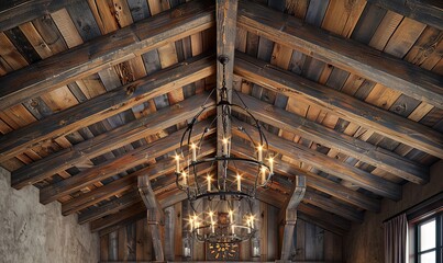Obraz premium Textured wooden ceiling with beams