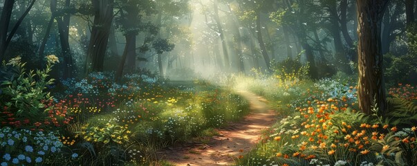 Fototapeta premium A sunlit forest path with wildflowers.