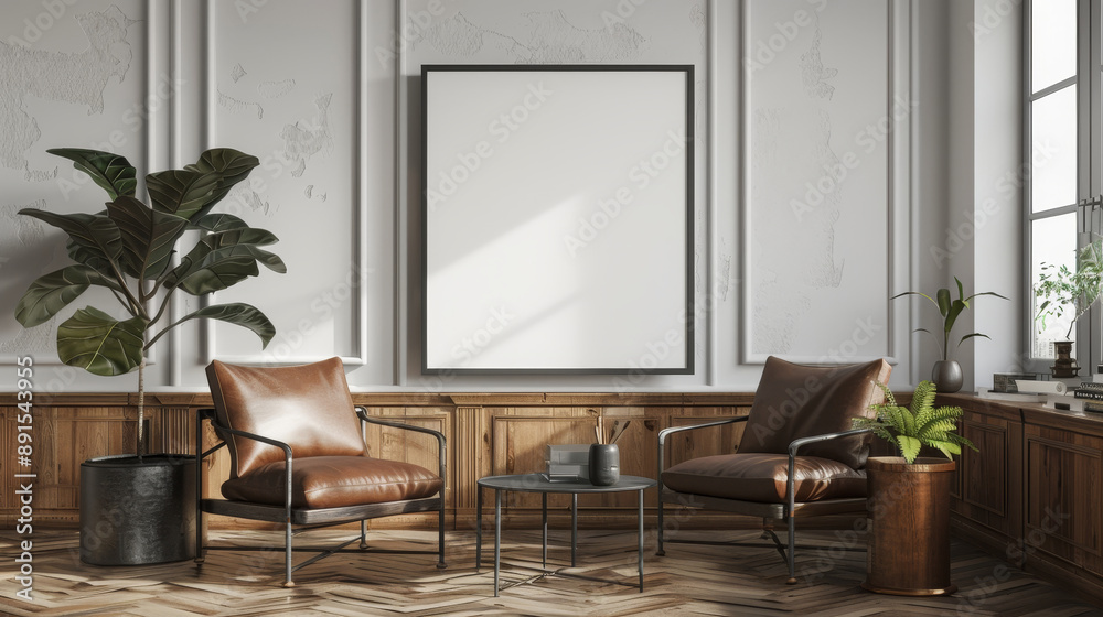 Wall mural minimalist living room interior with two brown leather armchairs