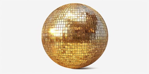 Shiny golden disco ball isolated on a white background, reflecting light, perfect for party and celebration themes.