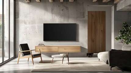 Modern Living Room with Concrete Walls and Wooden Accents