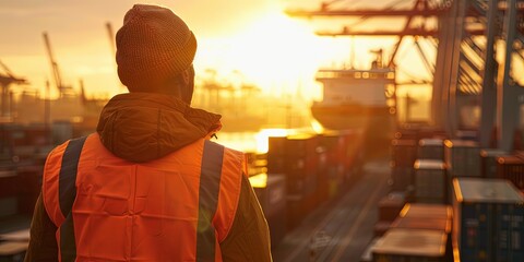 Fototapeta premium Port Worker Overseeing Cargo Operations at Sunset