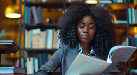 A businesswoman in professional attire reads an academic paper at the coffee shop, surrounded by books and digital devices