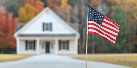 American flag flying outside a historic polling place, [patriotic symbol], [election tradition]