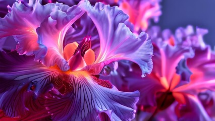 Fototapeta premium Neon flora: a digital botanical display, vibrant petals against cool hues, electric blossoms: nature meets neon.