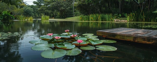 A serene pond with water lilies and a wooden dock. © peppastocker