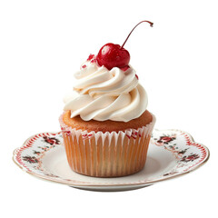 Single Cherry Cupcake: A delicate vanilla cupcake with fluffy white frosting and a single cherry on top, perched on a charming floral saucer.  