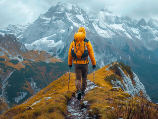 Solo Hiker Ascending a Mountain Ridge in Autumn