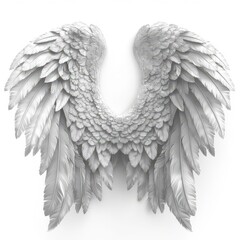Fototapeta premium White angel wings with intricate feather details on a clean, white background. Symbolizes purity, freedom, and spirituality.