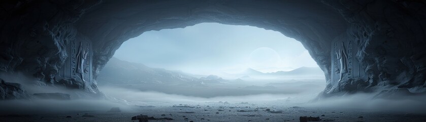 Panoramic view of an icy cave opening to a cold, misty landscape, capturing the serene beauty of a winter wonderland.