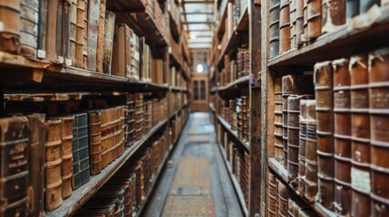 Fototapeta premium A view down a long aisle of a vintage library archive, with high shelves filled with leather-bound books and documents