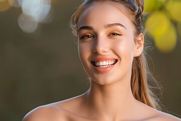 Fototapeta premium A close-up portrait of a young woman with light brown hair pulled back in a ponytail, smiling brightly. Her skin is fair and glowing, and her teeth are white and bright, copy space