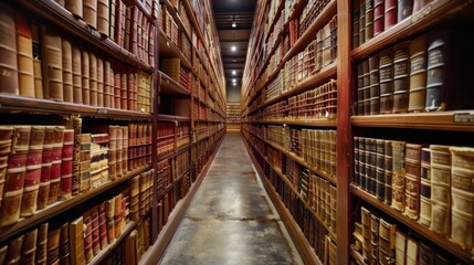 A view down a long aisle of a vintage library archive, with high shelves filled with leather-bound books and documents
