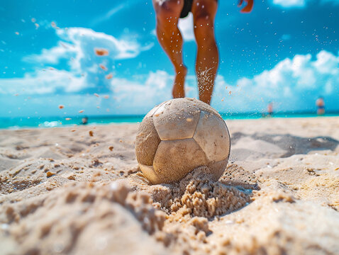 Soccer Ball Kicked Into Sand on Tropical Beach